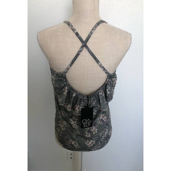 Chaser Vintage Line Criss-Cross Tropical Print Ruffle Tank - M - Picture 3 of 5